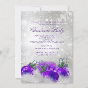 Invitation Purple Silver Gold Holly Baubles Noël