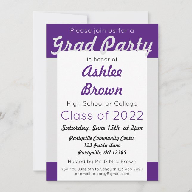 Invitation Purple Silver Grad Party Gras Graduation (Devant)
