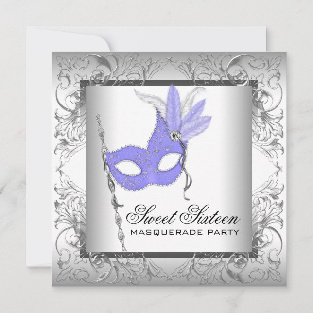 Invitation Purple Silver Sweet 16 Masquerade Party (Devant)