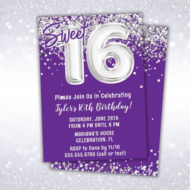 Invitation Purple Silver Sweet 16e fête d'anniversaire (Créateur téléchargé)