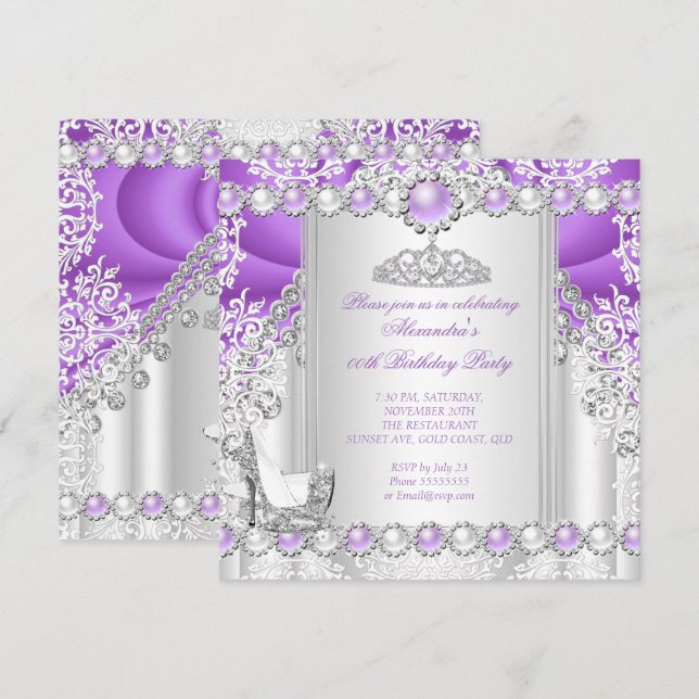 Invitation Purple Silver Tiara High Heel Pearl Anniversaire (Devant / Derrière)