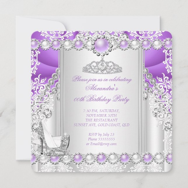 Invitation Purple Silver Tiara High Heel Pearl Anniversaire (Devant)