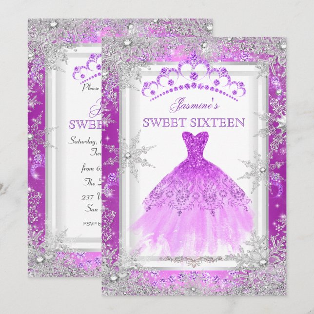 Invitation Purple Silver Winter Wonderland Sweet 16 (Devant / Derrière)