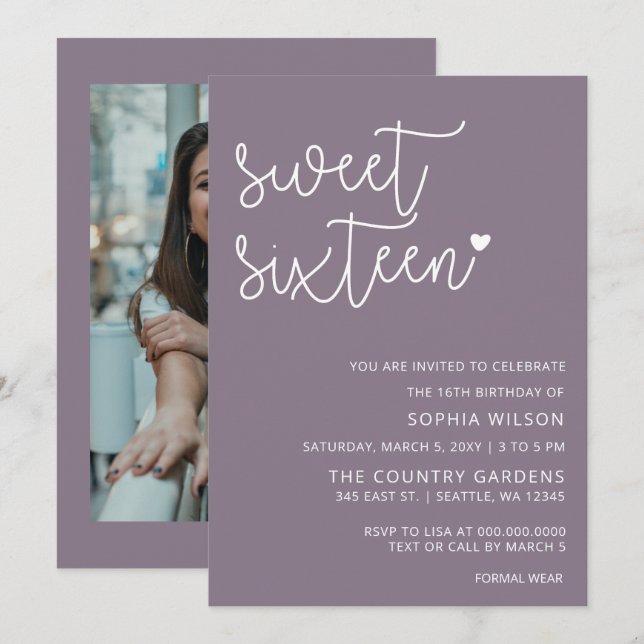 Invitation Purple Simple Script Sweet 16 Anniversaire Photo (Devant / Derrière)