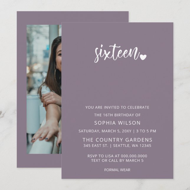Invitation Purple Simple Script Sweet 16 Anniversaire Photo (Devant / Derrière)