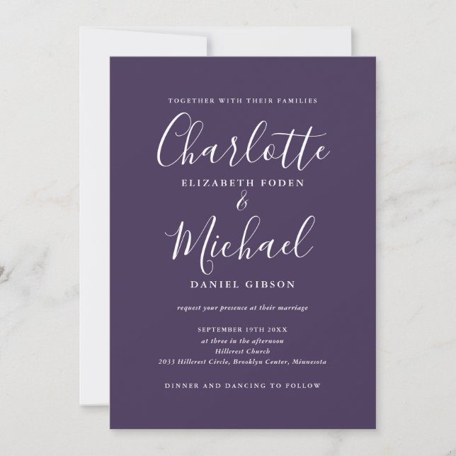 Invitation Purple Simple Tout en un Mariage de script chic (Devant)