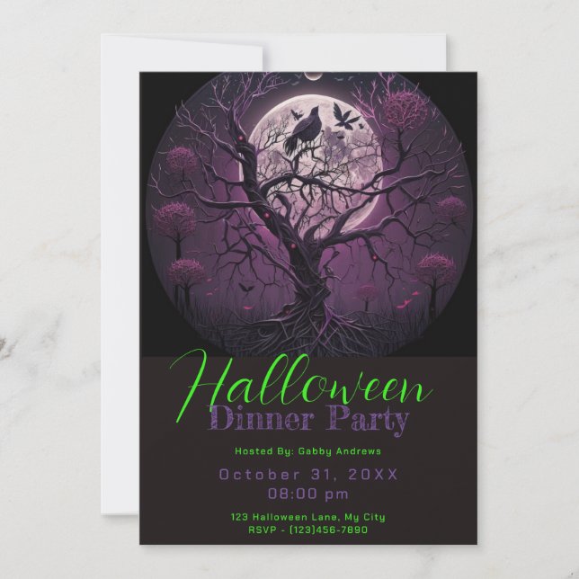 Invitation Purple Sky Pleine lune Bird Dîner d'Halloween (Devant)