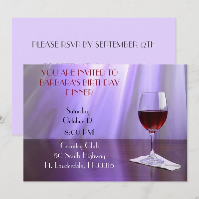 Invitation Purple Sophisticted Vin rouge anniversaire Invitat (Devant / Derrière)