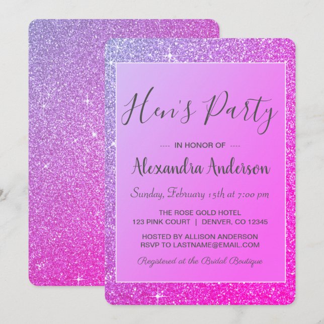 Invitation Purple Sparkle Parties scintillant Hen's Party (Devant / Derrière)