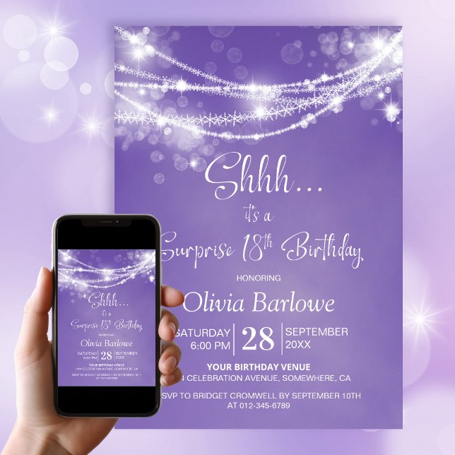 Invitation Purple String Lights Surprise 18ème anniversaire f (Créateur téléchargé)