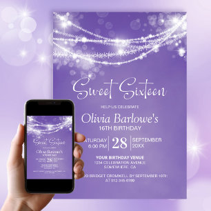 Invitation Purple String Lumières Sweet sixteen fête d'annive
