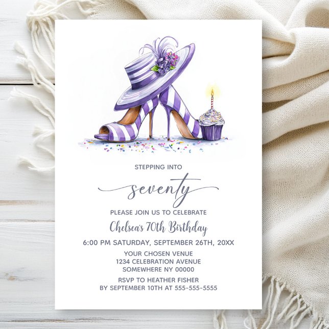 Invitation Purple Striped High Heel Shoes 70th Birthday Party (Créateur téléchargé)