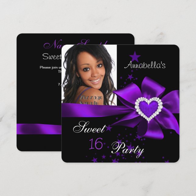 Invitation Purple Sweet 16 Anniversaire Fête Coeur Photo (Devant / Derrière)