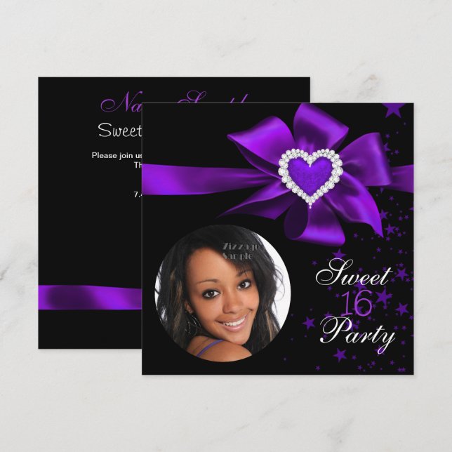 Invitation Purple Sweet 16 Anniversaire Fête Coeur Photo (Devant / Derrière)