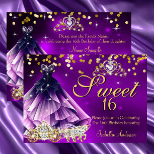 Invitation Purple Sweet 16 Anniversaire Robe Tiara Carriage
