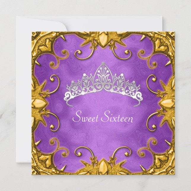 Invitation Purple Sweet 16 Anniversaire Soirée Or Blanc Tiara (Devant)