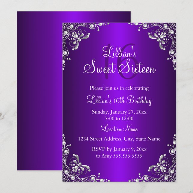 Invitation Purple Sweet 16 Silver Pearl Damask (Devant / Derrière)