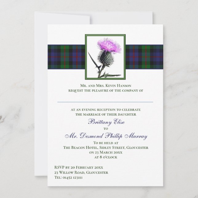Invitation Purple Thistle Murray d'Atholl Tartan Mariage (Devant)