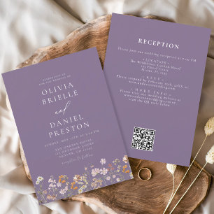 Invitation Purple tout en un Fleur sauvage Mariage de code QR