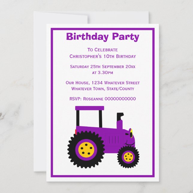 Invitation Purple Tractor Design Personalised Birthday Party (Devant)