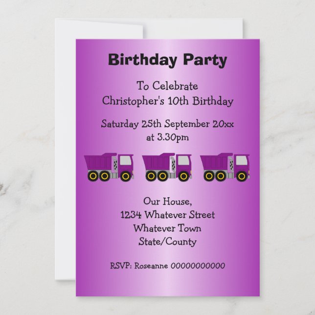 Invitation Purple Truck Design Boy's Birthday Party (Devant)