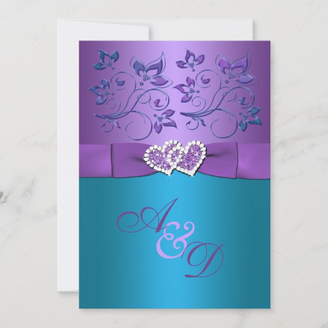Invitation Purple, Turquoise Coeurs Floraux Monogramme Mariag (Devant)