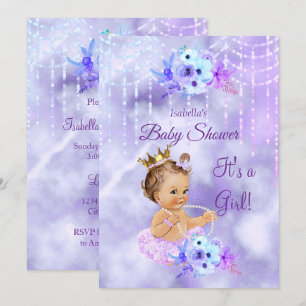 Invitation Purple Turquoise floral Fille Baby shower Brunette