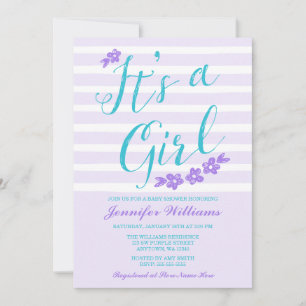 Invitation Purple Turquoise Flower Stripes Bébé Douche Invita