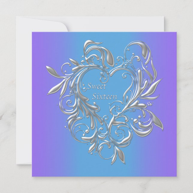 Invitation Purple Turquoise Heart Sweet 16 Party (Devant)