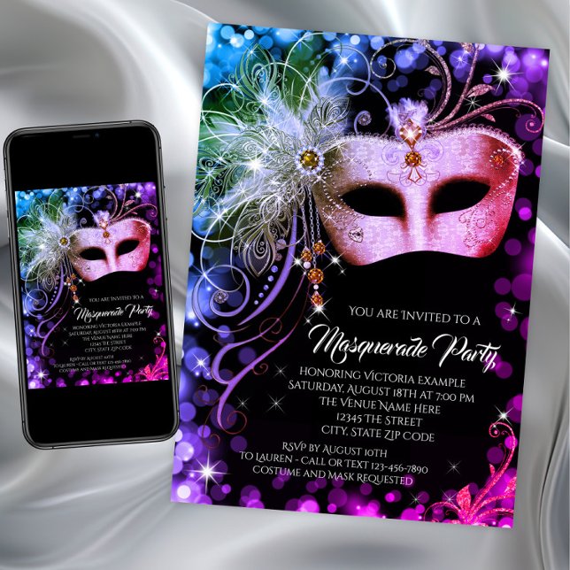 Invitation Purple Turquoise Rainbow Masquerade Party (Rainbow masquerade party invitation with jewel mask on rainbow back. Any event masquerade party.)