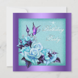 Invitation Purple Turquoise Rose papillon Floral fête d'anniv