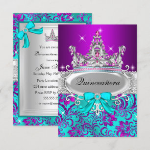 Invitation Purple Turquoise Shimmer Tiara Quinceanera Invitat