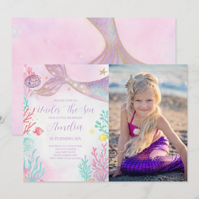 Invitation Purple Turquoise Sirène Anniversaire Photo Invitat (Devant / Derrière)