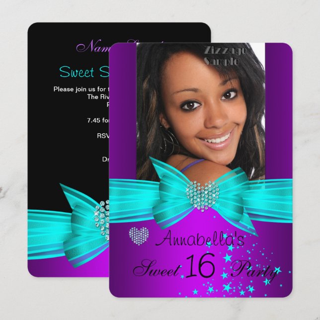 Invitation Purple Turquoise Sweet 16 Anniversaire Partie Diam (Devant / Derrière)