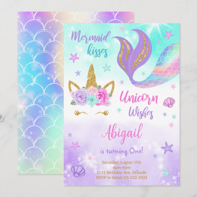 Invitation Purple Turquoise Unicorn Sirène Anniversaire Invit (Devant / Derrière)