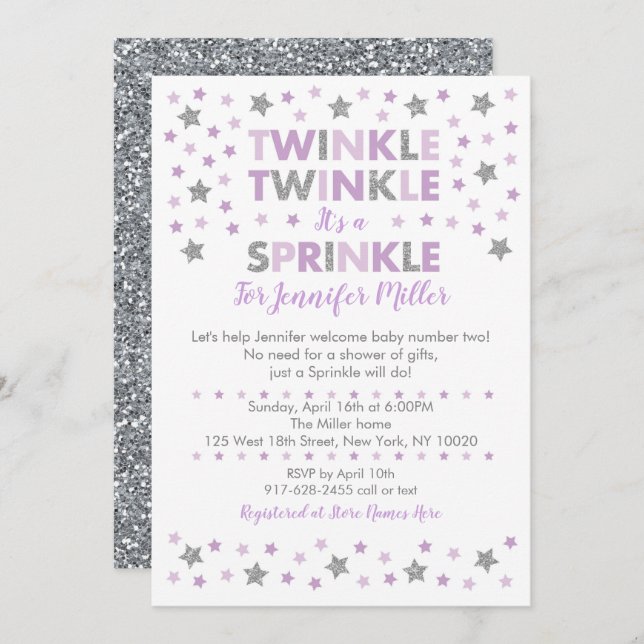 Invitation Purple Twinkle Star Baby Sprinkle (Devant / Derrière)