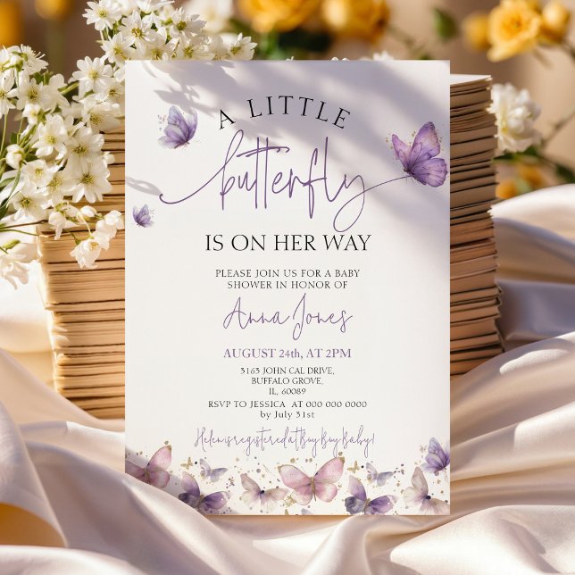 Invitation Purple Un papillon bébé est en chemin baby shower (Créateur téléchargé)