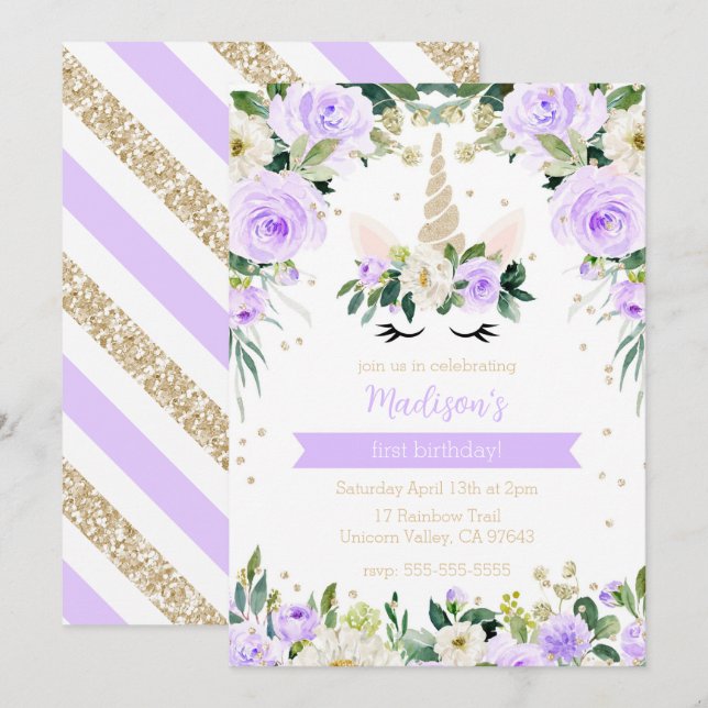 Invitation Purple Unicorn Fille Anniversaire (Devant / Derrière)