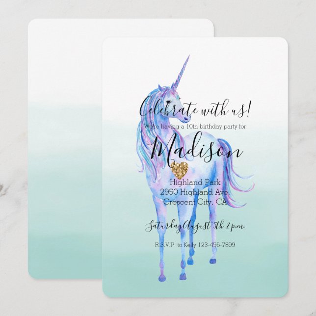 Invitation Purple Unicorn Gold Parties scintillant Coeur Mint (Devant / Derrière)
