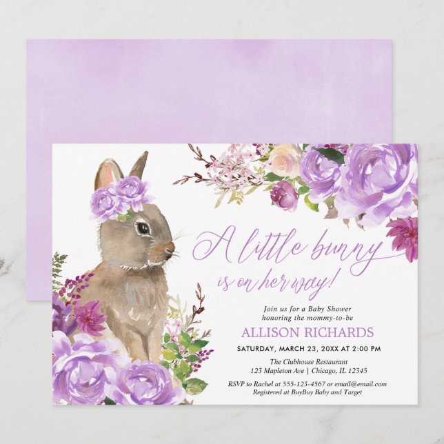 Invitation Purple verdure Pâques lapin baby shower fille (Devant / Derrière)