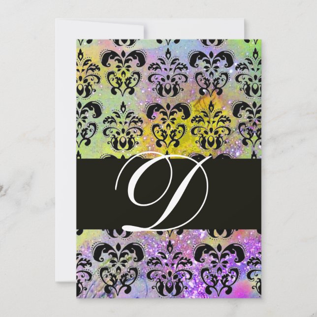 Invitation PURPLE VERT JAUNE BLACK DAMASK MONOGRAM, blanc (Devant)