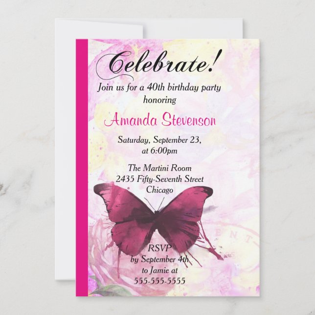 Invitation Purple Watercolor Butterfly fête d'anniversaire (Devant)