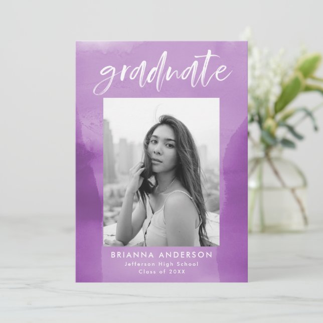 Invitation Purple Watercolor Laver Photo Graduation Party (Debout devant)