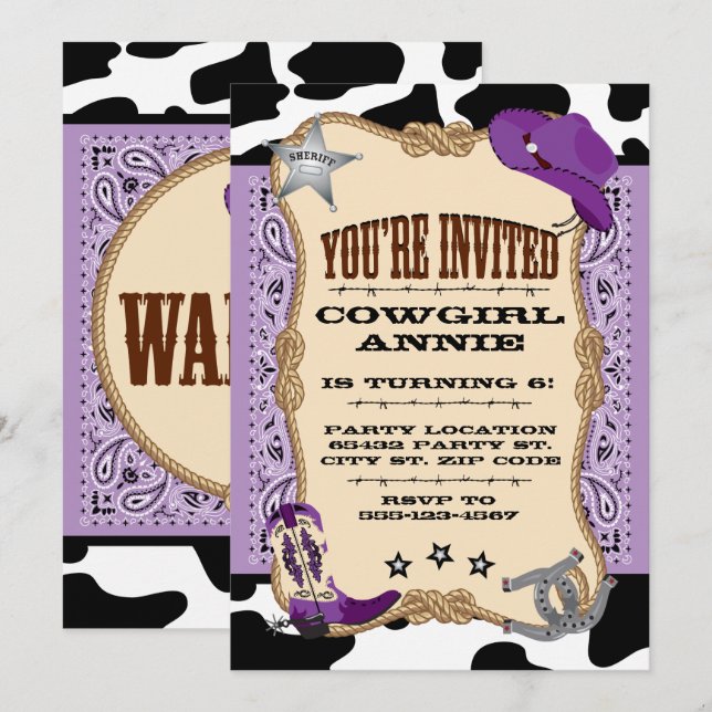 Invitation Purple Western, Cowgirl Birthday Party (Devant / Derrière)