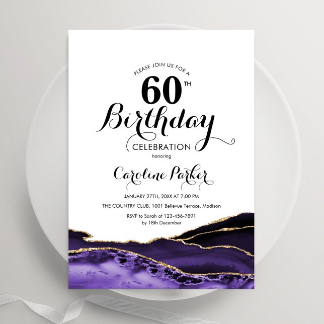 Invitation Purple White Gold Agate 60e anniversaire (Créateur téléchargé)