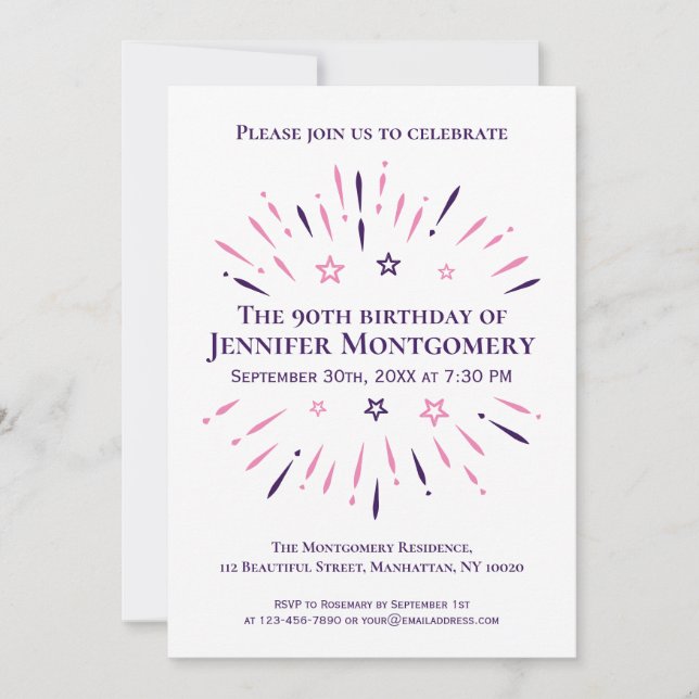 Invitation Purple White Pink 90e fête d'anniversaire feux d'a (Devant)