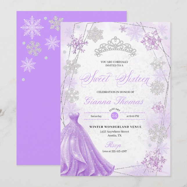 Invitation Purple Winter Wonderland Snowflake Sweet 16 (Devant / Derrière)
