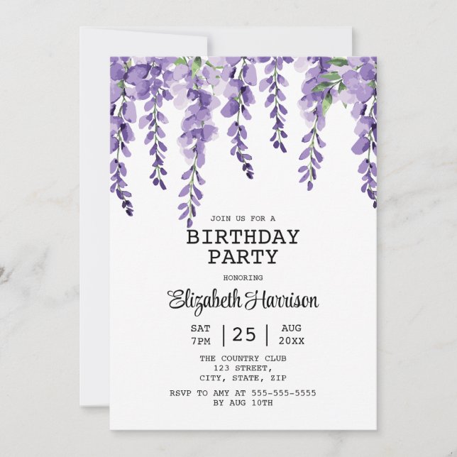 Invitation Purple Wisteria Floral Greenery 50e anniversaire (Devant)