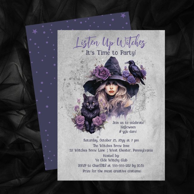 Invitation Purple Witch Cat et Raven Halloween Party (Gather your friends for a Halloween celebration with this "Listen Up Witches It's Time to Party!")