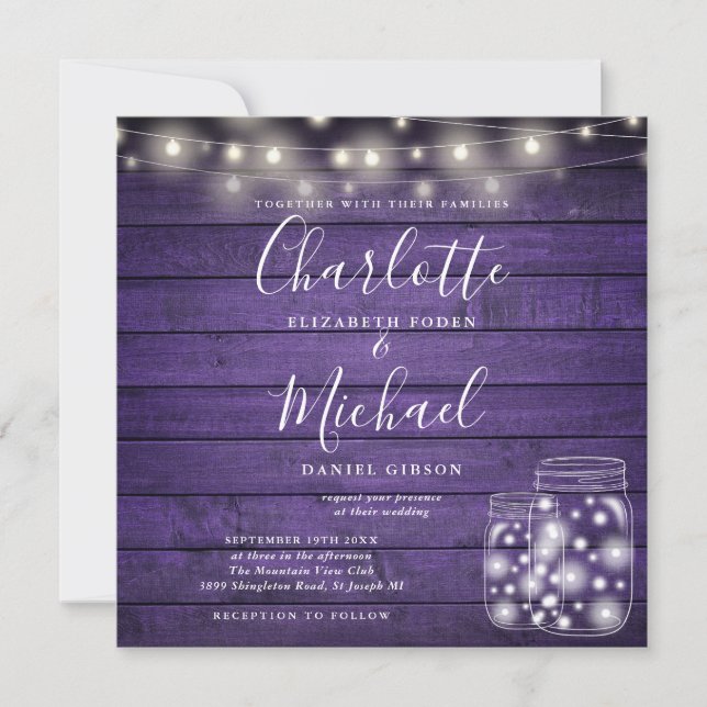 Invitation Purple Wood String Lumières Mason Jar Photo Mariag (Devant)